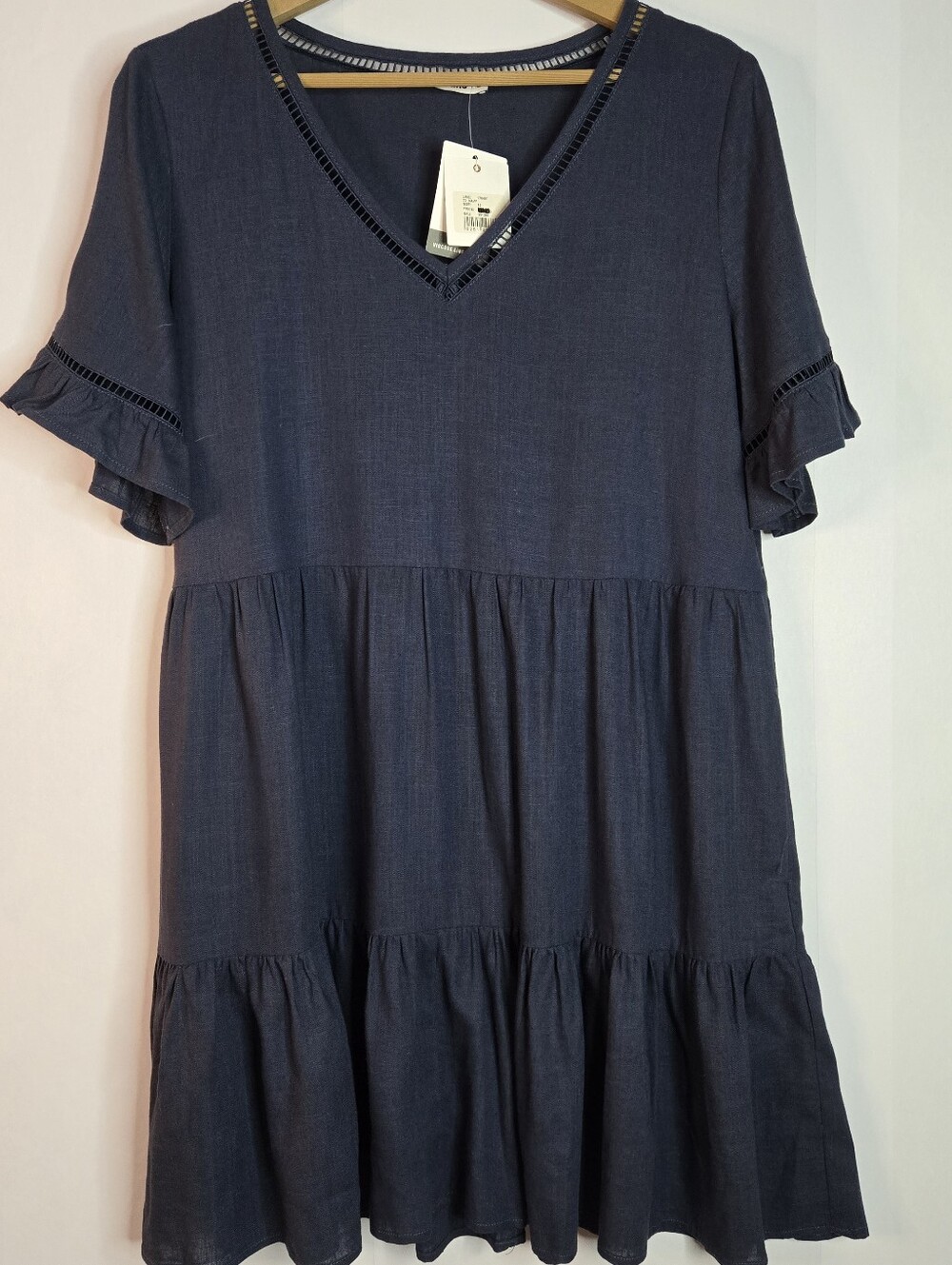 Just Jeans Size 12 Navy Tiered Dress, Short Ruffle Sleeves & Deep V-Neck NWT